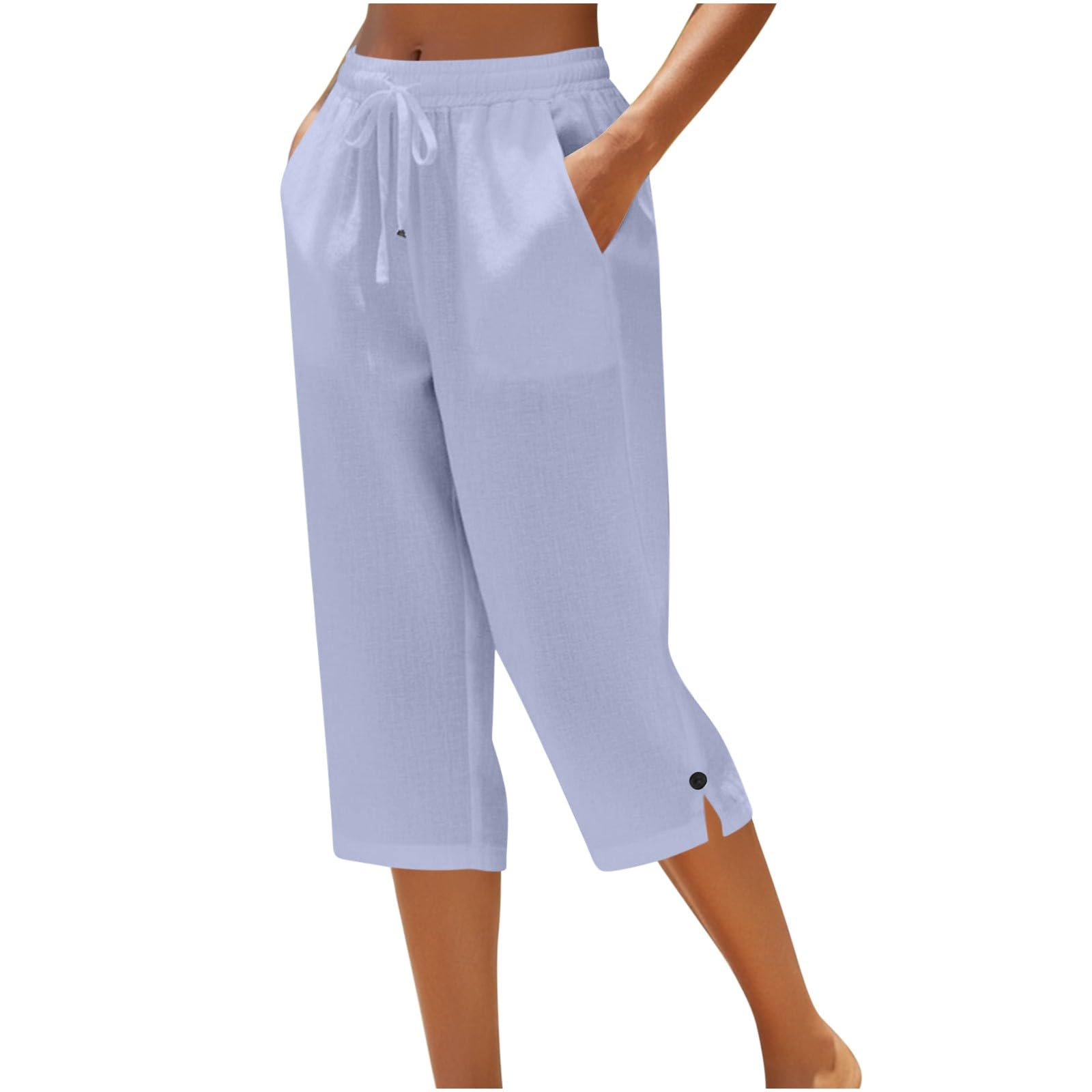 Sommerhose Damen Leicht Leinenhose Damen Sommer 3/4 Musselin Kurze Hose Leicht Leinen Sommerhose Mit Taschen Causal Atmungsaktiv Caprihose Elastische Bequeme Stoffhose Sport Freizeit Strandhose