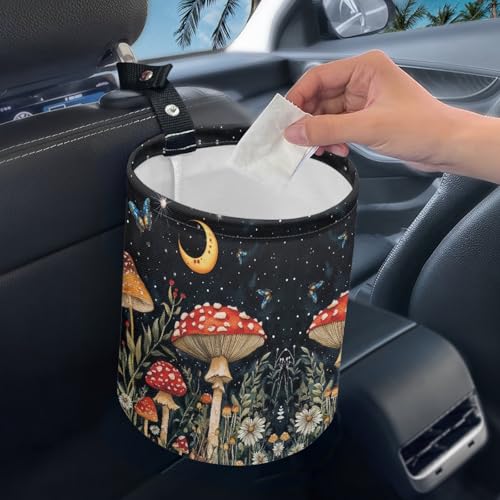 Image of Moon Mushroom Car Trash Storage Box Collapsible Small Car Waste Basket Bin Compact Universal Strap Attach to Auto Garbage Holder Travel Accessories