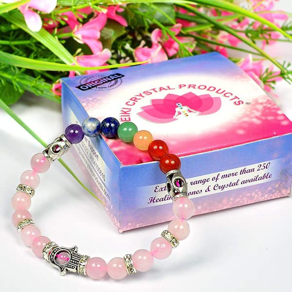 Image of Reiki Crystal Products Certified Natural Crystal Stone 7 Chakra with Hamsa 8 mm Round Beads Bracelet for Men & Women | Reiki Charged Gemstone Bracelet | Multiple Stone Variants Available