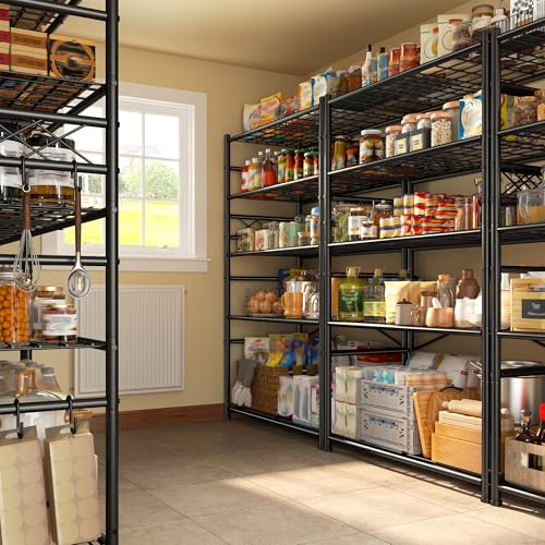 Image of Storage Shelves 5-Tier Large Capacity Wire Shelving with Hooks, Heavy Duty Garage Shelving Unit with Leveling Feet, Stable Metal Shelf for Pantry, Kitchen and Closet, 72 inch H x 36 inch W x 12 inch D, Black