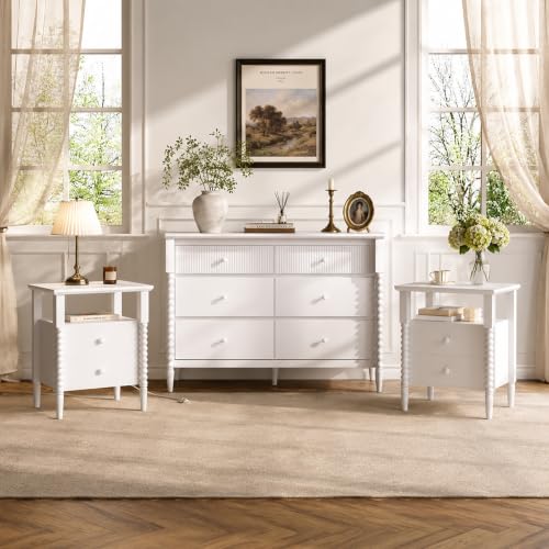 Image of JOINICE White Nightstand and Dresser Sets for Bedroom, Jenny Lind Spindle