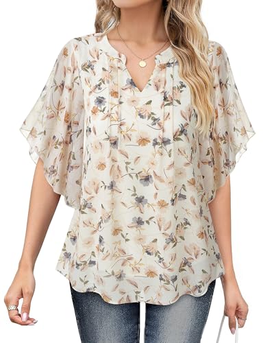 VALOLIA Womens Blouses Dressy Casual V Neck Chiffon Ruffle Short Sleeve Shirts Double Layers Tops2