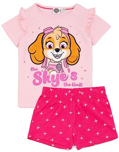 Paw Patrol Girls Pajama Set | Pink Short Sleeve T-Shirt & Shorts Outfit Bundle | Skye The Rescue Pup Frill Shoulder Pajamas