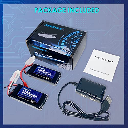 Urgenex 7.4V Lipo Battery With Jst Plug 1200Mah 30C 2S Rechargeable Lithium Batteries Fit For Most 1/10 1/16 1/18 1/24 Scale Rc Cars Racing Trucks And 1 To 2 Usb Charger #TOP6