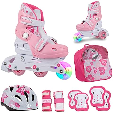 JAMBACH Inline-Skates für Kinder Inliner verstellbar mit Helm und Schoner blinkende Rolle für Anfänger umrüstbar auf Triskates Rollschuhe für Mädchen Jungen mitwachsende Größen (M (34-37), Rosa-Weiß) Cover