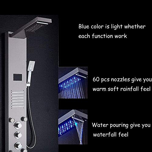 Panel de ducha LED de acero inoxidable con boquillas de masaje, ducha de lluvia y ducha de mano de acero inoxidable cepillado para bienestar de lujo y placer al ducharse miniatura 3