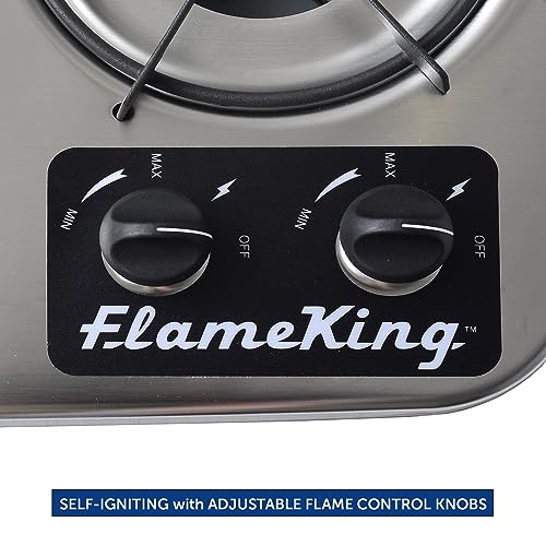 Image of Flame King YSNHT600 2-Burner Built-in RV Cooktop Propane Stove, 7200 and 5200 BTU Burners, Self-Igniting, Cover Included, Silver, 18.5 inch x 13 inch x 4.5 inch