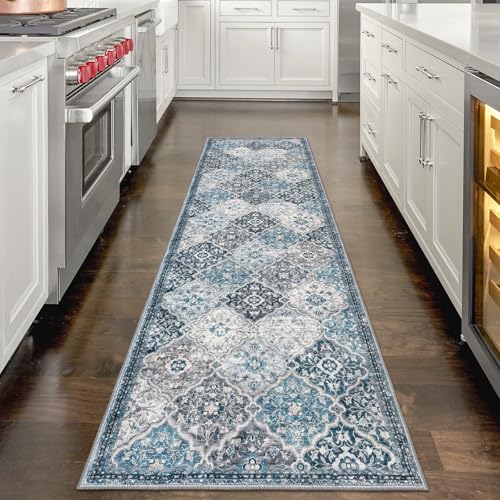 KILOCOCO 2x7 Runner Rug, Moroccan Super Soft Washable Hallway Runner Rug, Accent Print Faux Wool Kitchen Runner Rug 7 Feet Non-Slip Runners Boho Rug Runners for Laundry Room Bedroom, Blue/Multi