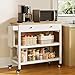 Gizoon Kitchen Island Cart on Wheels with 40'' Wood Tabletop, 2 Open Tiers Spacious Storage Shelves and Towel Rack, Rolling Utility Cart with 3 Side Hooks and 2 Drawer for Dining Room, Bar, White
