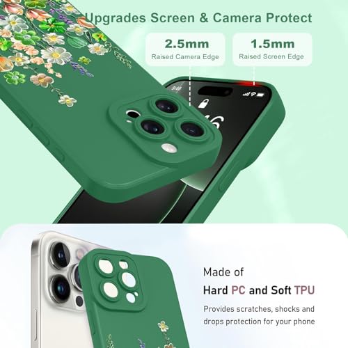 Image of Designed for iPhone 16 Pro Max Case Floral for Women Girls, Green | Cute Oil Painting Flower Pattern Liquid Silicone Phone Case [Full Camera Protection] Slim Soft TPU Protective Cover
