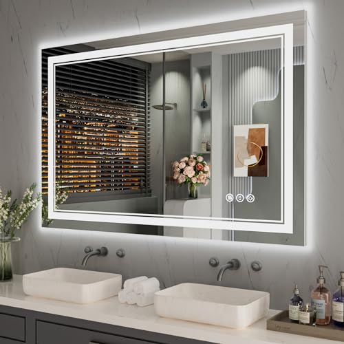 40 x 32 Inch LED Bathroom Mirror, Front Light and Backlit Anti-Fog Dimmable Memory Lighted Vanity Mirror, Shatterproof Wall-Mounted Led Mirror for Bathroom