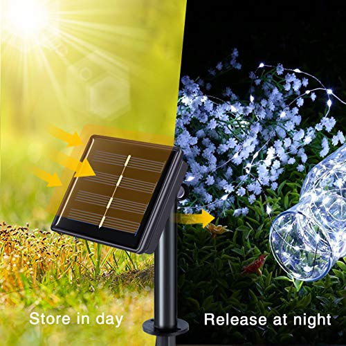 JMEXSUSS 2 Pack 33ft 100 LED Solar Fairy Lights Outdoor Waterproof, Silver Wire White Solar String Lights, 8 Lighting Modes Decoration Solar Christmas Lights for Patio Wedding Party Tree Garden