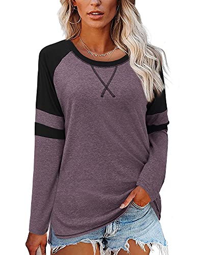 Newshows Women's Long Sleeve Shirts Raglan Color Block T-Shirt Side Split Crewneck Casual Loose High Low Tunic Tops Blouse(Dark Purple, X-Large)