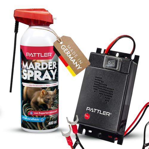 PATTLER Marderabwehr Set – Marderschreck Auto Ultraschall und Marderspray Auto 400ml. Marderschutz für Motorraum und Garage. Kombination zur Marderabwehr Auto