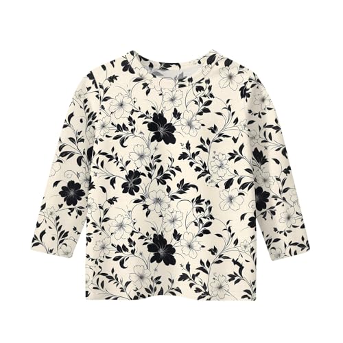 Girls Summer Tops 3/4 Length Sleeve Fall Shirts Comfy Round Neck Shirts 1/2 Sleeve Floral Vacation Outfits 3-14 Years3