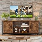 FIONESO Farmhouse TV Stand for 55 Inch TV, TV Table with 2 Cabinets & Shelf, Entertainment Center with Metal Frame & Cable Management, for Living Room, Bedroom, Rustic Brown
