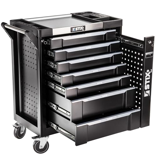 Stix Werkstattwagen UltimatePro B7 – 7 Schubladen & Cargo-Fach, Rollwagen mit Edelstahl-Arbeitsplatte, Lochwand, Profi-Qualität für Garage & Industrie