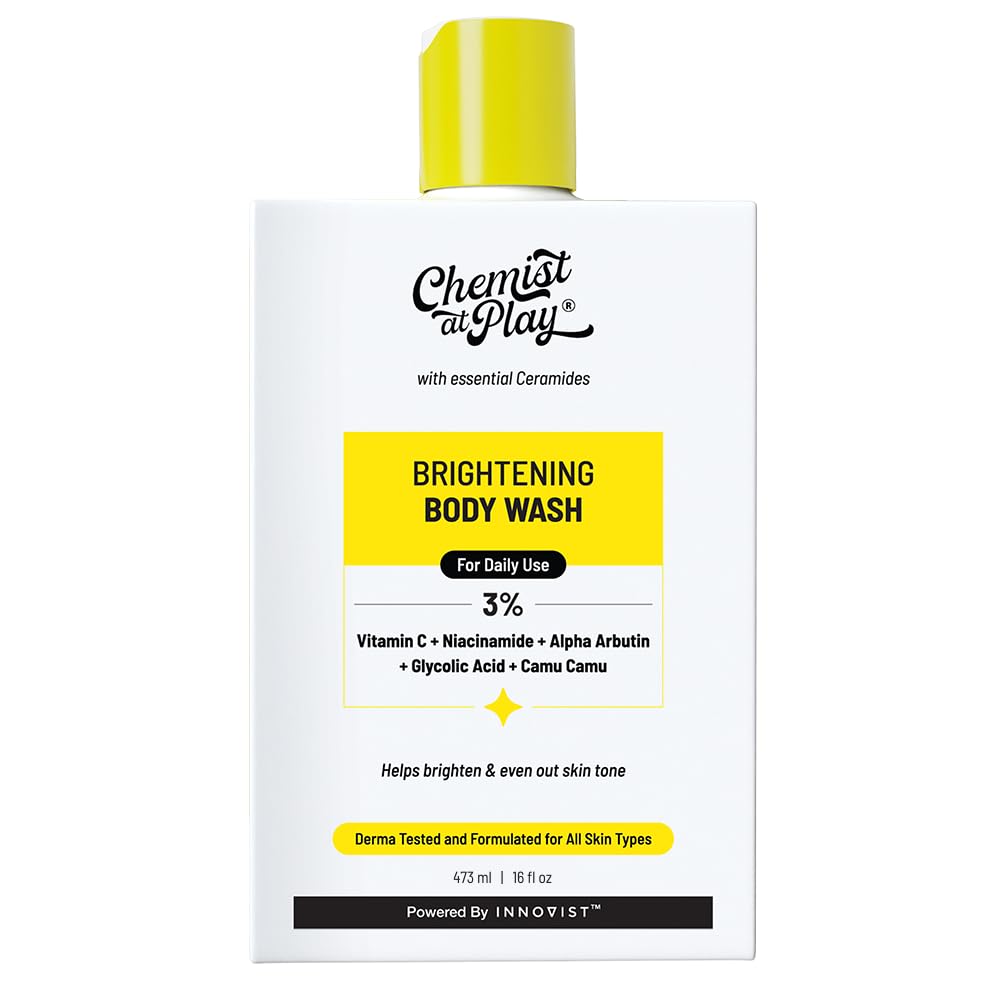 Chemist at Play Brightening Body Wash | Glowing Skin Vitamin C Bodywash | Helps to Reduce Fades Dark Spots, Tan & Evens out Skin Tone | Alpha Arbutin | 30X Vitamin C with Camu Camu | For Women & Men | 473ml