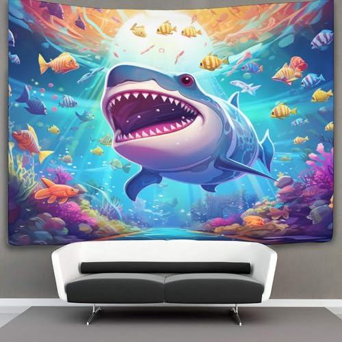 Tenture requin 3D art mural textile pour décorer un dortoir collège - 3