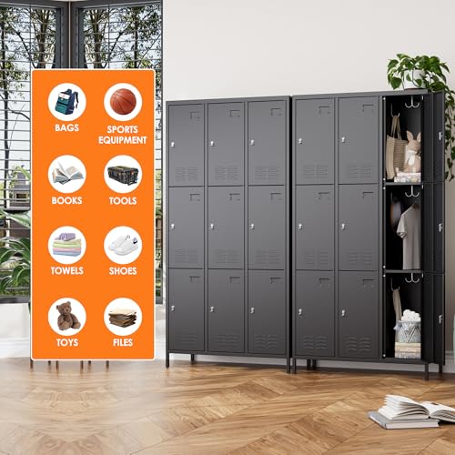 Aobabo 9 Doors Metal Storage Locker for Employees, Metal Locker with 27 Hooks for School Office Gym Garage, Black, Assembly Required