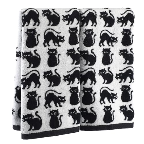 Breling 2 Pcs Cat Hand Towels Black White Cute Kitty Bathroom Towels 100% Cotton Highly Absorbent Soft Kitchen Dish Decorative Gifts for Cat Lovers Halloween Holiday Decorations 13 x 29 Inch
