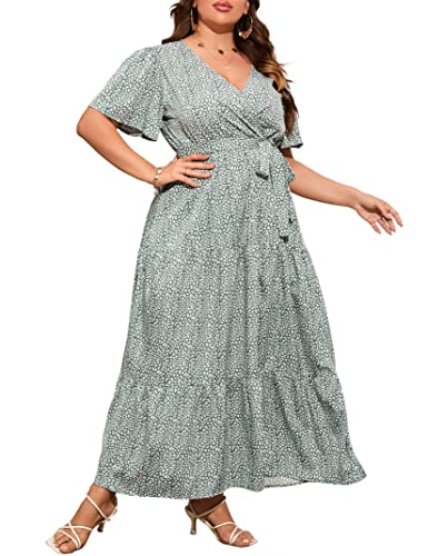 Image of ShopWonder Womens Plus Size V Neck Wrap Maxi Dress High Waist Ruffle Summer Casual Dress with Belt