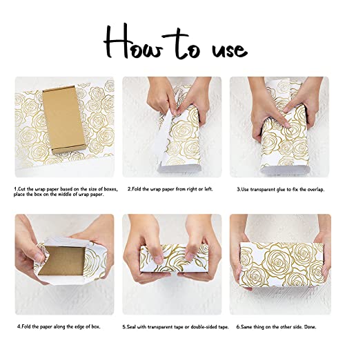 Gift Wrapping Paper, Golden Rose Pattern In White Art Paper With 1 Roll Gold Ribbon, For Weddings, Mother's Day, Birthdays, Baby Showers, Bridal Showers, Valentine's Day Or Any Occasion(6 Sheets) #TOP3