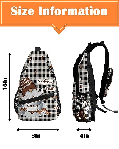 Sling Backpack, COFFEE TIME Gnome and Coffee Cup Black and White Plaid Waterproof Lightweight Small Sling Bag, Travel Chest Bag Crossbody Shoulder Bag Hiking Daypack for Women Men3