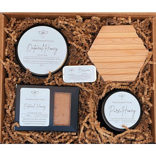 Oatmeal Honey Handmade Spa Gift, Relaxing 5 pcs Gift Box for Women, Bee Themed Gifts, Oatmeal Honey Soap Bar, Beeswax Lotion Bar, Honey Soy Candle, Beeswax lip balm, Wood Soap Dish, Eco Friendly Gifts