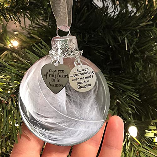 Clear Christmas Memorial Ornament Feather Ball, A Piece of My Heart is in Heaven, Christmas Tree Memorial Hanging Pendant Gift for Mom, Dad, Son, Daughter,Sister, Brother, Grandma, Grandpa 2.4''/60 mm
