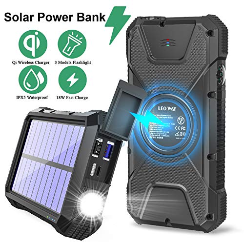 Solar Charger Power Bank Portable Fast Charger 18W QC3.0 PD Qi Wireless Charging10W/7.5W/5W