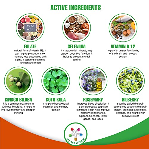 Spectra Vitamins Brain Power, Supports Focus, Nootropics, Improves Memory, Alertness for Men & Women, Ginkgo Biloba, Gotu Kola, 60 capsules,