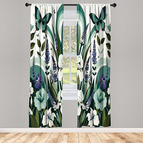 Ambesonne Teal Window Curtains, Curving Leaves and Floral Mirage with Iris Lavender Eucalyptus Butterfly, Lightweight Decorative 2-Panel Set & Rod Pocket, Pair of - 28