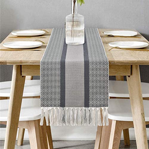 Yugarlibi Table Runner Grey, Dining Table Runner Geometric, Coffee Table Runner Non-Slip Heatproof Table Cloth for Dining Room Party Banquet Polyester 70x14 Inches (180x35cm)