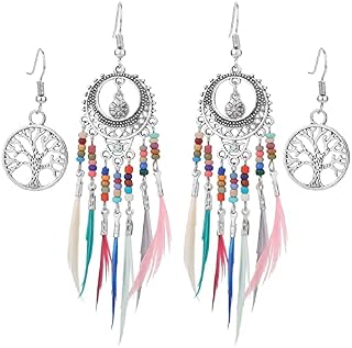 Yolev 2 Pairs Bohemian Earrings Set for Women Feather Tassel Silver Ethnic Retro Boho Statement Earring Set Dangle Earring Colorful Bead for Women Teen Girls Birthday Party Gifts (silver)
