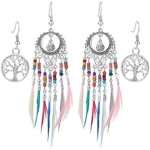 2 Paar Boho Ohrringe Feder Fransen Baum des Lebens Anhänger Ohrringe Ethno Vintage Stil Bunte Ohrringe Cover
