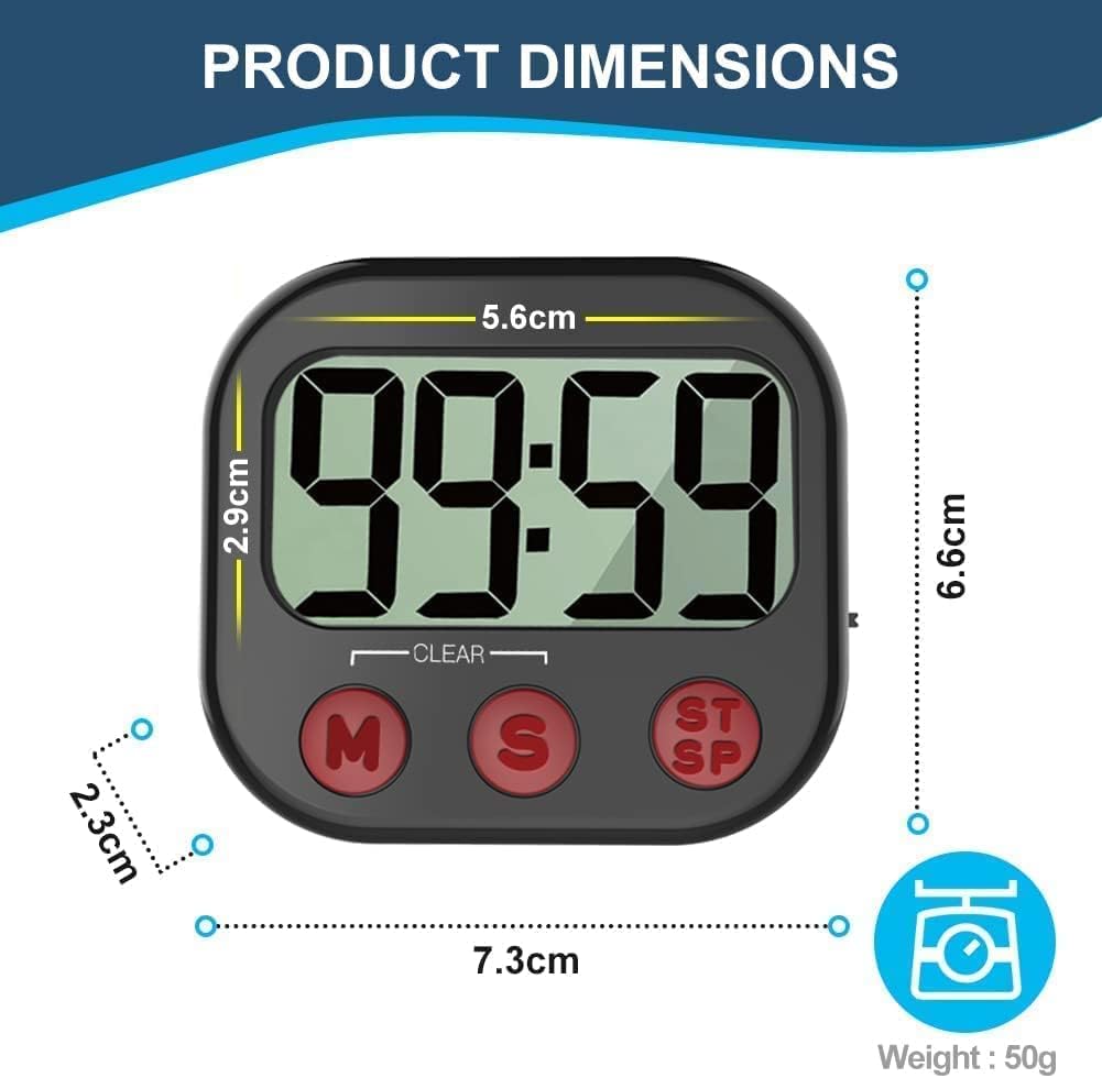 Temporizador de cocina, temporizador visual digital, reloj magnético, cronómetro, temporizador de cuenta regresiva, pantalla LCD grande, dígitos grandes, alarma fuerte para cocinar, ducha, baño