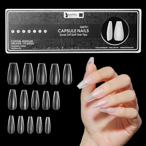 Beautilux 240 Pièces Capsule Americaine Ongle Ballerine Moyen, 15 Tailles, Couverture Complète Pré-poncé Mat Coffin Moyen Capsules Ongles, pour Débutant en Manucure Nail Art