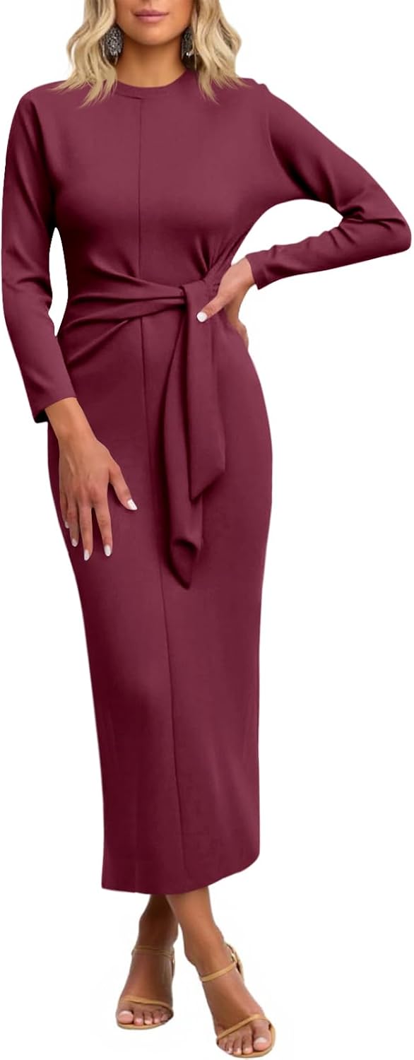 Cicy Bell Womens Long Sleeve Maxi Dress Bodycon Tie Waist Fall Elegant Crew Neck Cocktail Party Dress