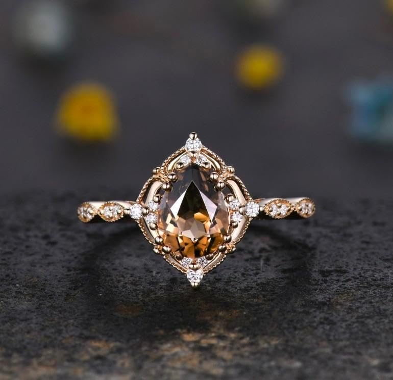 Vintage Smoky Quartz Engagement Ring set,Pear Shape Brown Quartz Ring Set,14K Gold Ring,Unique Womens ring Promise Ring For Her
