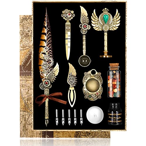 Quill Pen Ink Set,Feather Calligraphy Pen and Ink Set,with Seal Stamp,Wax Seal Stamp Kit, Calligraphy Copybook,Beginner Calligraphy Pen Quill pen,Gift Selection Calligraphy Pen Set