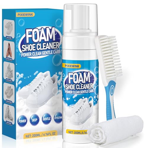 Pixiewink Shoe Cleaner, 6.76 fl oz Shoe Cleaning Kit with Brush and Towel, White Sneaker Cleaner for...