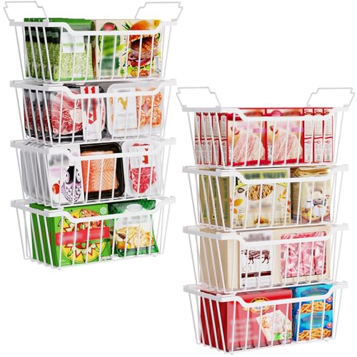 Image of SUNALLY Freezer Organizer Bins, 8 Pack Chest Freezer Organizer Stackable for 5-7 Cu.FT Deep Freezer Sort Frozen Meats and Food, Freezer Storage Baskets with Handles Easy Reach from Bottom, White