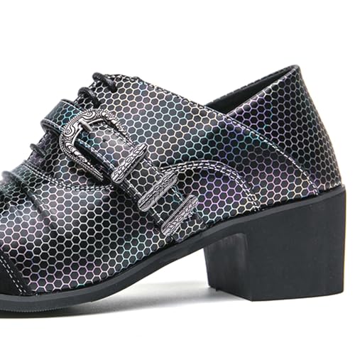 Men's Holographic Dress Shoes Classic Formal Shoes Suede Toe Cap with Buckle Detail Block Heel Hexagon Pattern Dress Loafers Comfy Penny Loafers4