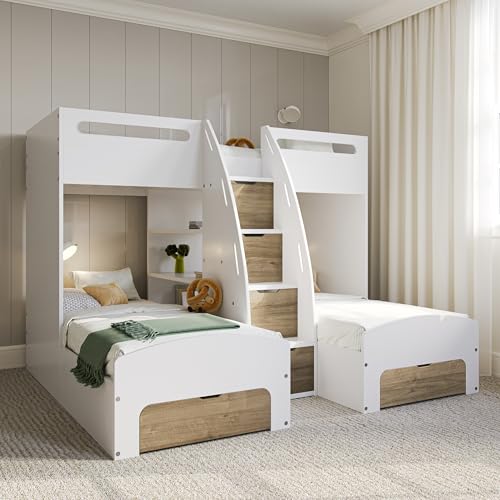Flair Furnishings - Triple Bunk Bed for Kids Staircase Bunk Bed with Storage Heavy Duty Integrated Shelving and Drawers Sleek and Stylish (White & Oak)