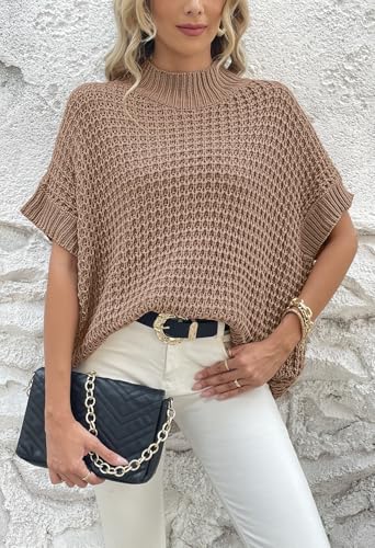 Pink Queen Women's Mock Neck Batwing Short Sleeve Loose Oversized Knit Pullover Sweater Vest Jumper Tops2