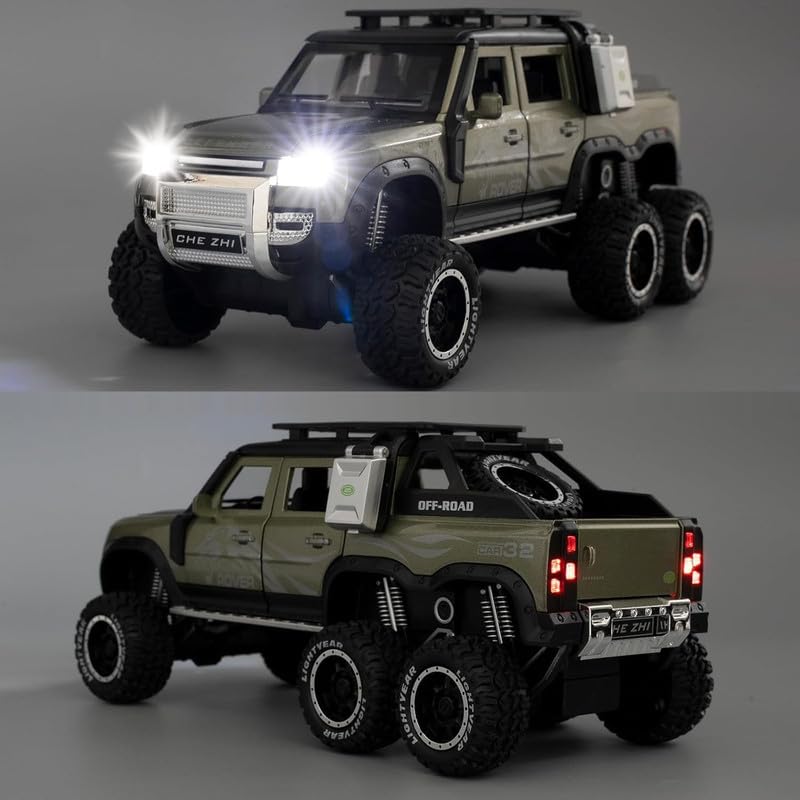 Image of Kids Model 1:24 6 Wheel Defender Die Cast Metal Car Pull Back Action Opening Doors with Realistic Engine Sound Lights Toy Car Gift for Boys - Green