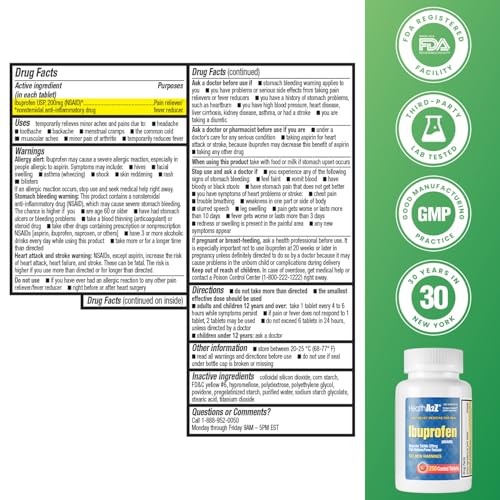 Image of HealthA2Z Ibuprofen 200mg, Pain Relief, Body Aches, Headache, Arthritis, Cramps, Back Pain, Fever Reducer (250 Count)