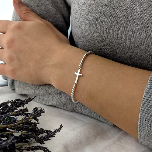 Silverly Cross Stretch 925 Sterling Silver Bracelet For Women - Ball Beaded Best Friend Bracelet - Bead Elastic String Bracelets - Christian Gifts For Women - Bracelet For Teen Boys And Teen Girls #TOP2