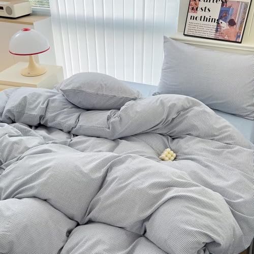 Image of MKXI Ultra-Breathable Washed Cotton Duvet Cover Set, Full 3-Piece Set - Fine Blue & White Stripes - Textured, Comfy Bedding - Coastal, Farmhouse, Minimalist Style